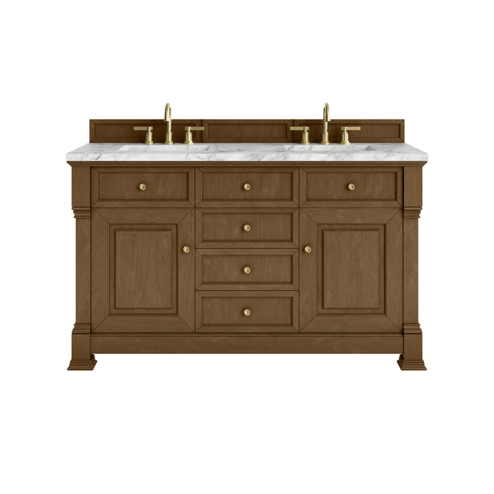 Brookfield 60" Double Vanity, Honey Oak w/3 CM Carrara White Marble Top