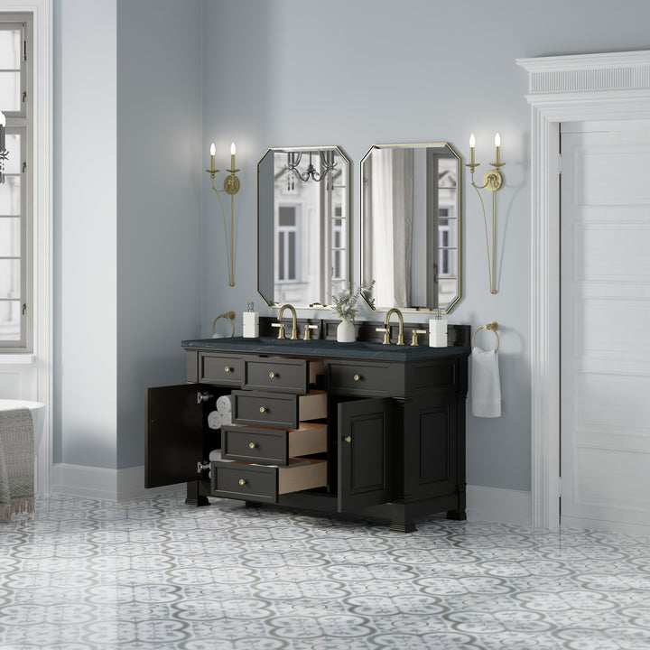 Brookfield 60" Double Vanity, Black Onyx w/3 CM Charcoal Soapstone Silestone® Top