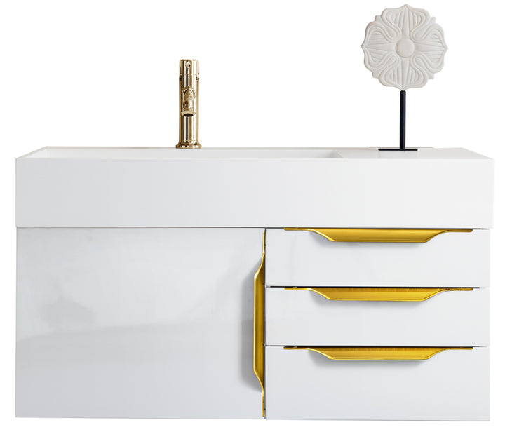 Columbia 36" Single Wall Mount Vanity, Glossy White, Radiant Gold w/ Glossy White Composite Stone Top