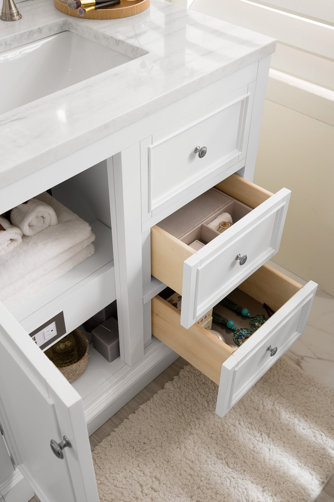 De Soto 36" Single Vanity, Bright White w/ 3 CM Arctic Fall Solid Surface Top