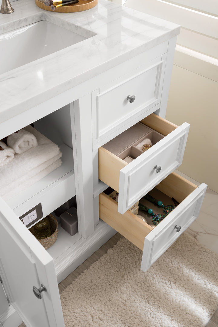 De Soto 36" Single Vanity, Bright White w/ 3 CM Arctic Fall Solid Surface Top