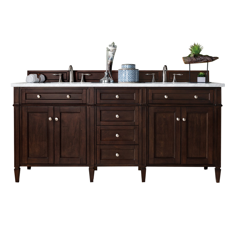 Brittany 72" Double Vanity, Burnished Mahogany w/ 3 CM White Zeus Silestone Top