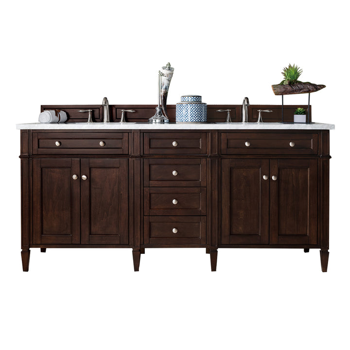 Brittany 72" Double Vanity, Burnished Mahogany w/ 3 CM White Zeus Silestone Top