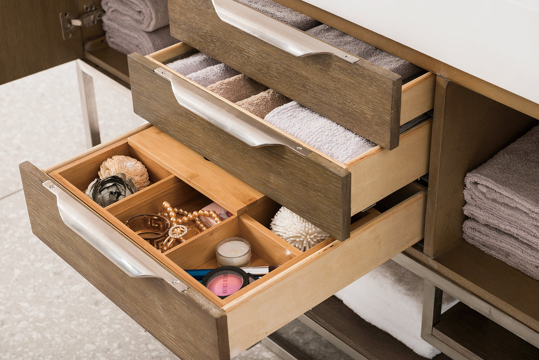 Columbia 59" Double Vanity, Latte Oak, Brushed Nickel w/ Glossy White Composite Stone Top