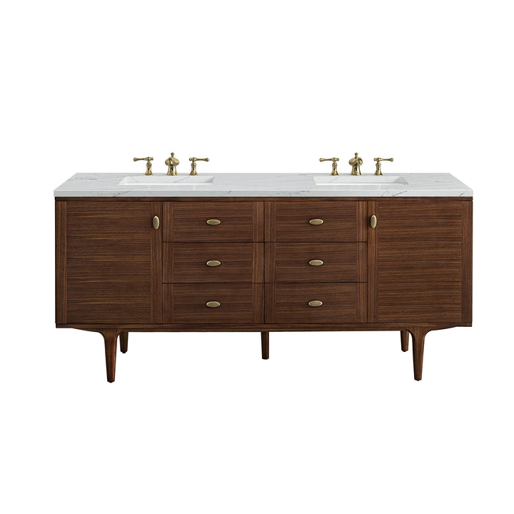 Amberly 72" Double Vanity, Mid-Century Walnut w/ 3 CM Ethereal Noctis Top w/FreePower Wireless Charger
