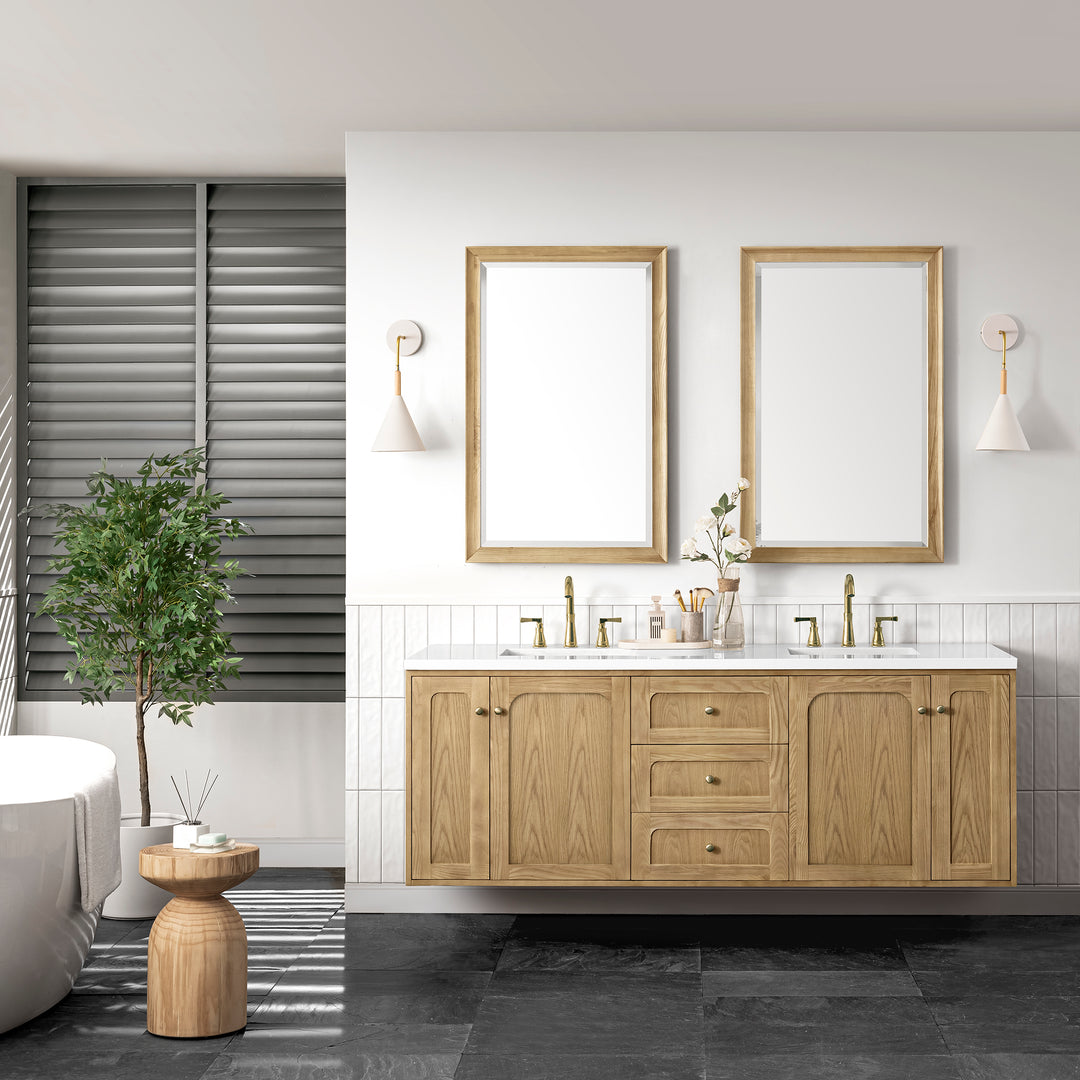 Laurent 72" Double Vanity, Light Natural Oak w/ 3 CM White Zeus Top