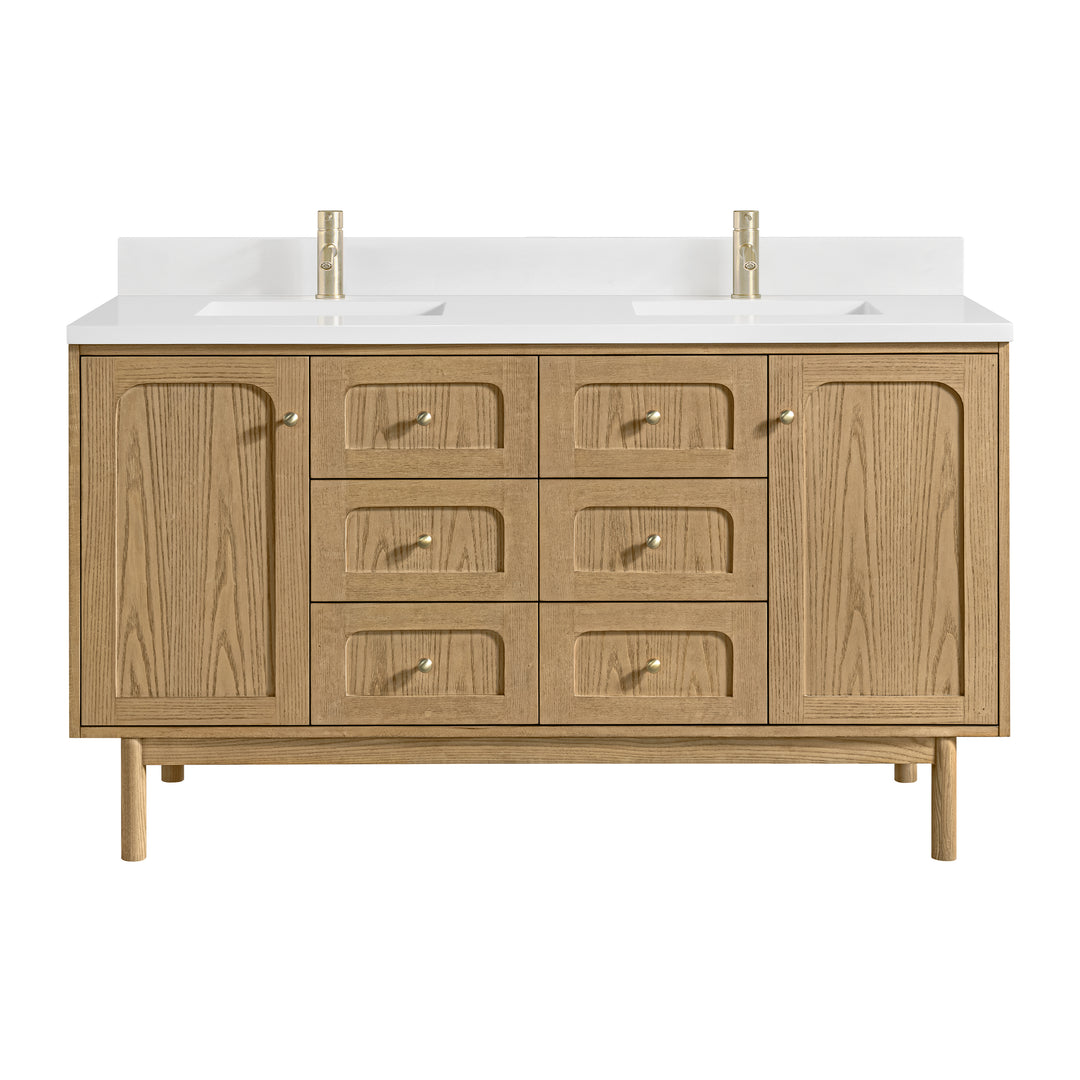 Laurent 60" Double Vanity, Light Natural Oak, w/ Single Hole 3 CM White Zeus Quartz Top & Backsplash