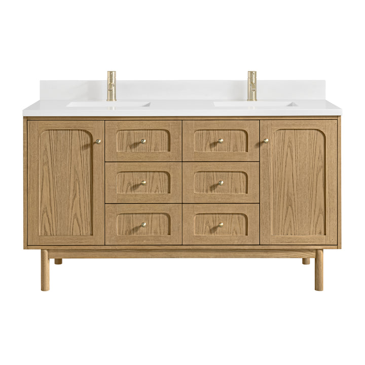Laurent 60" Double Vanity, Light Natural Oak, w/ Single Hole 3 CM White Zeus Quartz Top & Backsplash