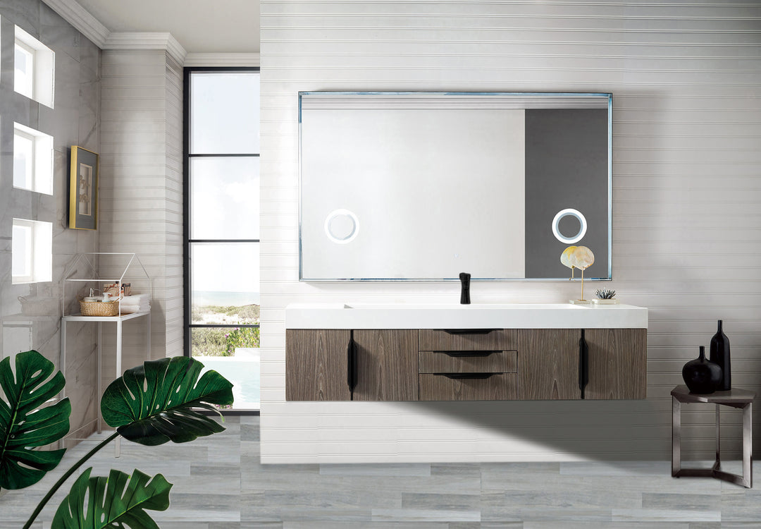 Columbia 72" Single Wall Mount Vanity, Ash Gray, Matte Black w/ Glossy White Composite Stone Top