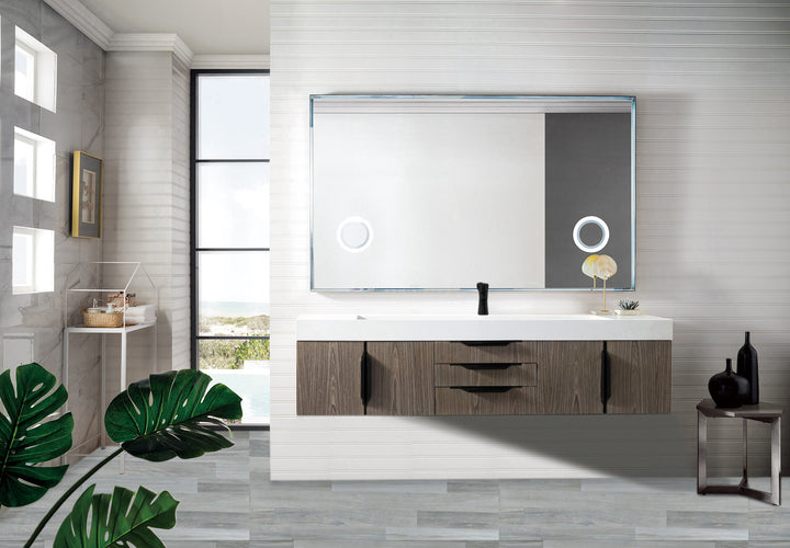 Columbia 72" Single Wall Mount Vanity, Ash Gray, Matte Black w/ Glossy White Composite Stone Top