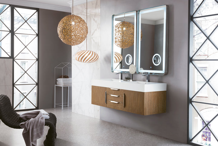 Columbia 59" Double Wall Mount Vanity, Latte Oak, Brushed Nickel w/ Glossy White Composite Stone Top