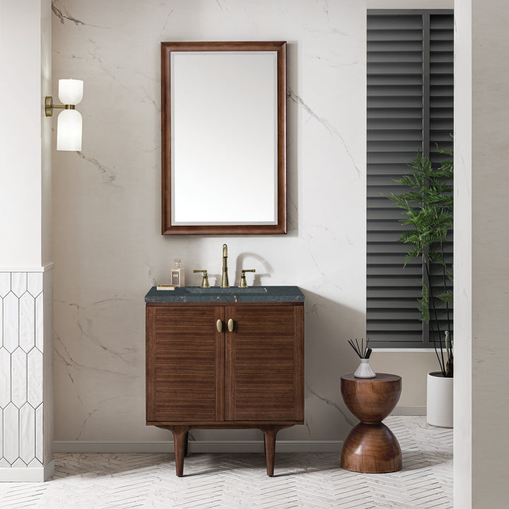 Amberly 30" Single Vanity, Mid-Century Walnut w/ 3 CM Parisien Bleu Top