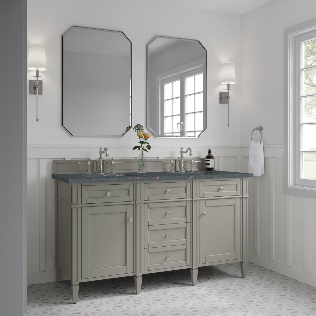 Brittany 60" Double Vanity, Urban Gray w/ 3 CM Parisien Bleu Silestone Top w/FreePower Wireless Charger