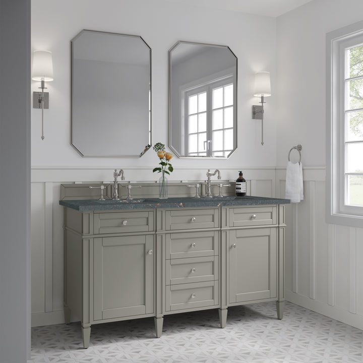 Brittany 60" Double Vanity, Urban Gray w/ 3 CM Parisien Bleu Silestone Top w/FreePower Wireless Charger