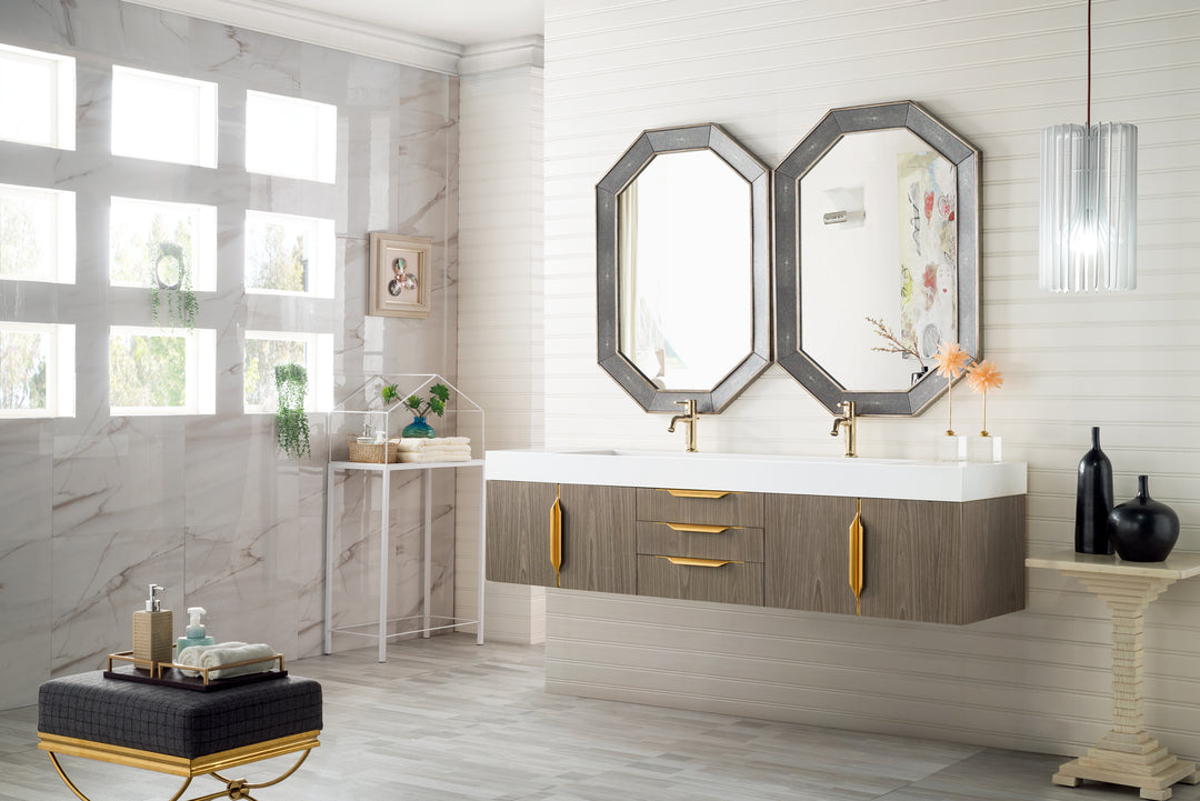 Columbia 72" Double Wall Mount Vanity, Ash Gray, Radiant Gold w/ Glossy White Composite Stone Top