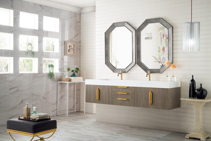 Columbia 72" Double Wall Mount Vanity, Ash Gray, Radiant Gold w/ Glossy White Composite Stone Top