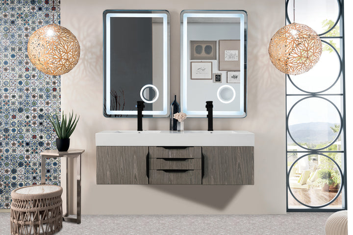 Columbia 59" Double Wall Mount Vanity, Ash Gray, Matte Black w/ Glossy White Composite Stone Top
