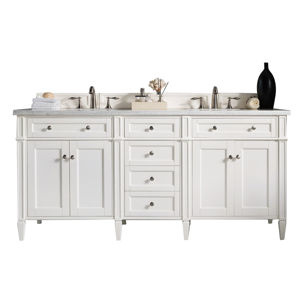 Brittany 72" Double Vanity, Bright White Vanity w/ 3 CM Carrara Marble Top
