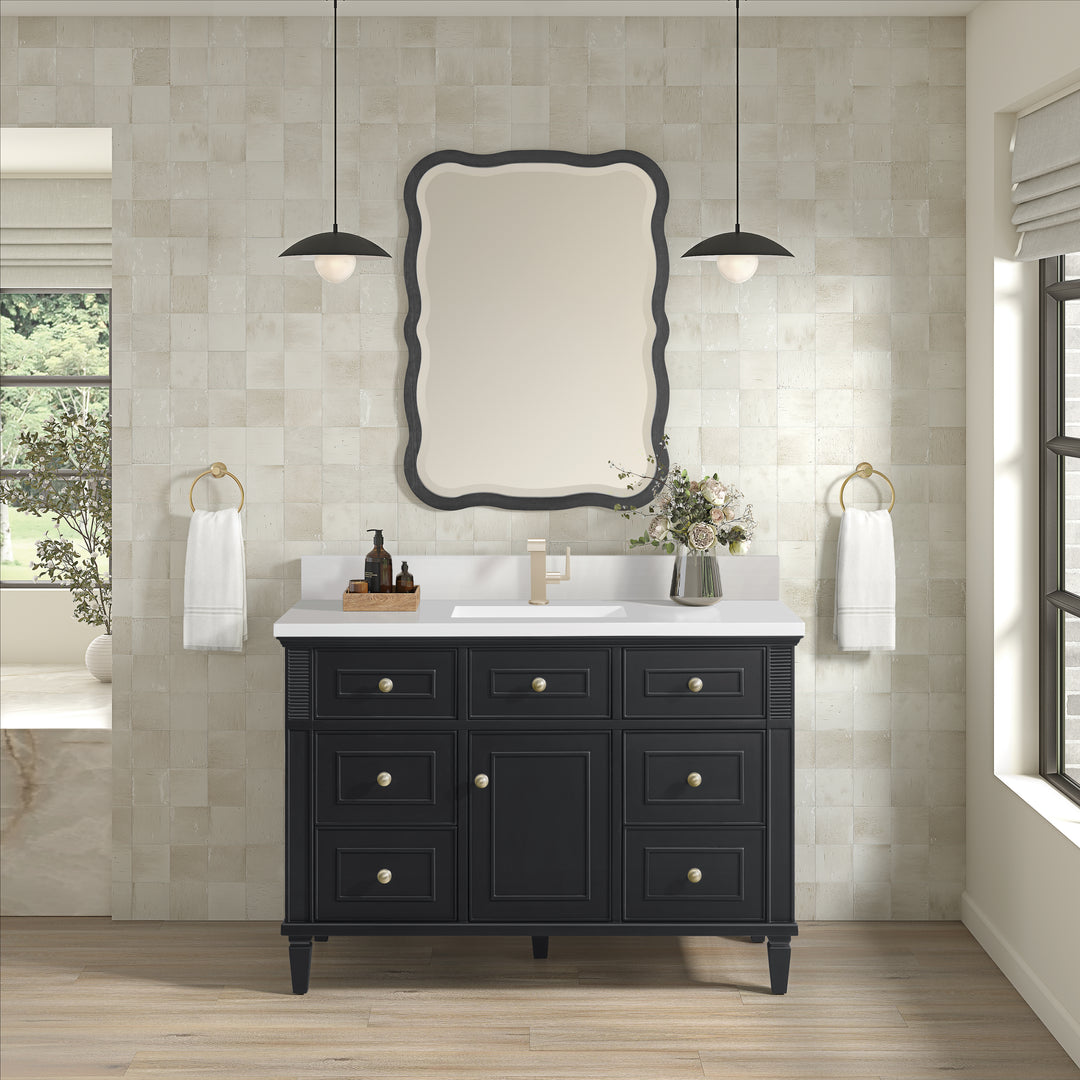 Lorelai 48" Single Vanity, Black Onyx w/ Single Hole 3 CM White Zeus Silestone Top & Backsplash