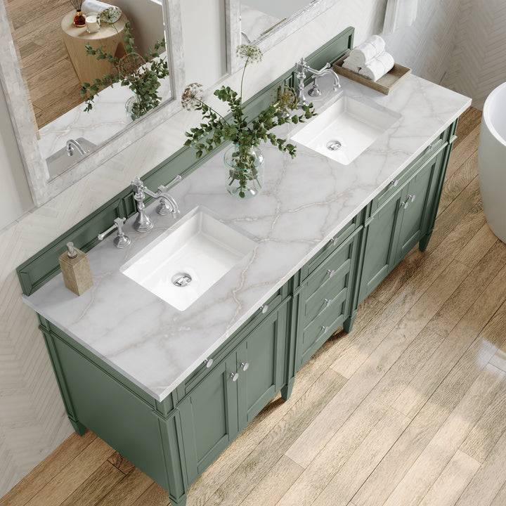 Brittany 72" Double Vanity, Smokey Celadon w/ 3 CM Victorian Silver Top