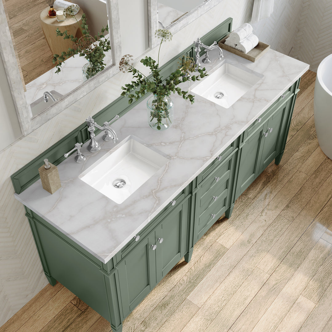 Brittany 72" Double Vanity, Smokey Celadon w/ 3 CM Victorian Silver Top w/FreePower Wireless Charger
