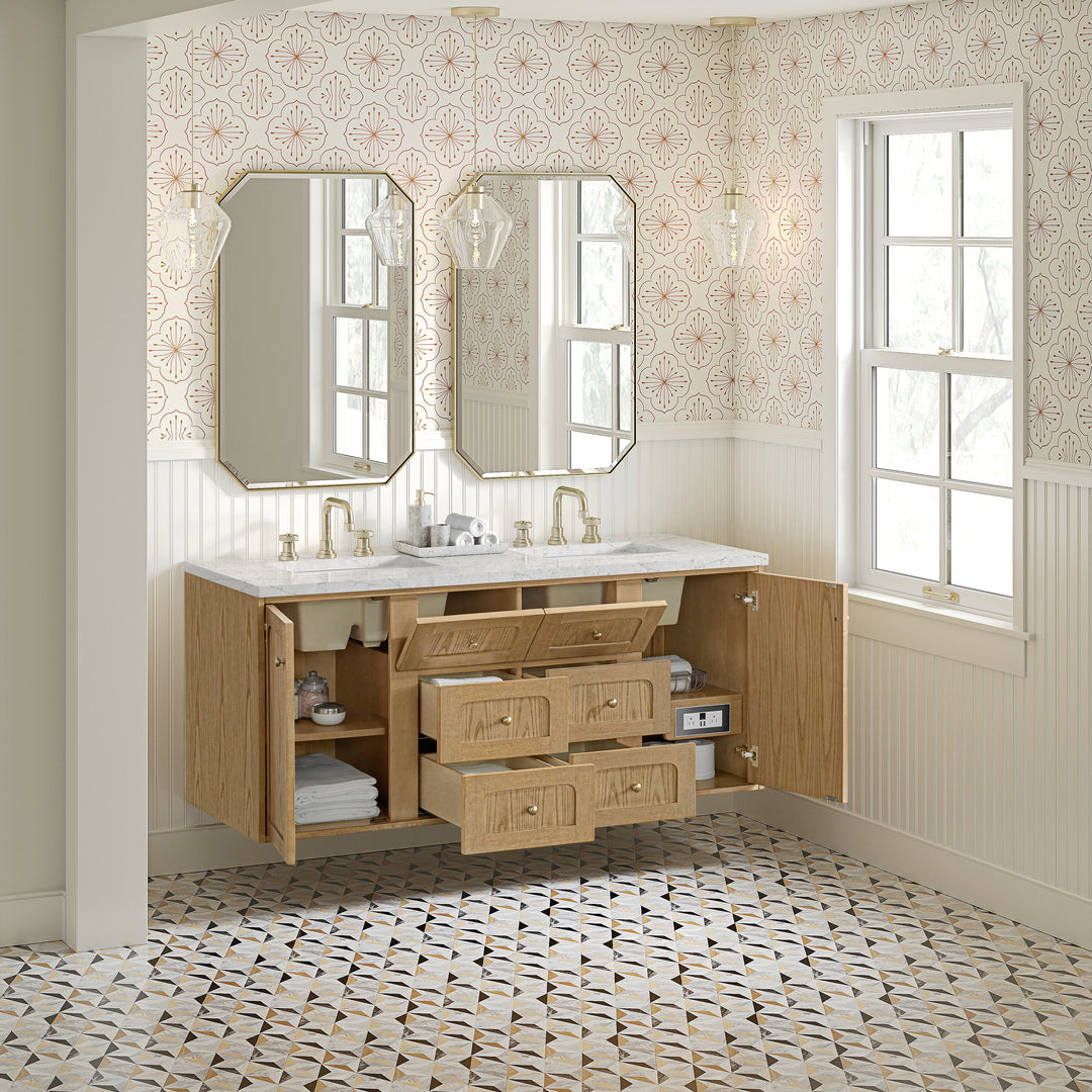 Laurent 60" Double Vanity, Light Natural Oak, w/ 3 CM Eternal Jasmine Pearl Quartz Top w/FreePower Wireless Charger