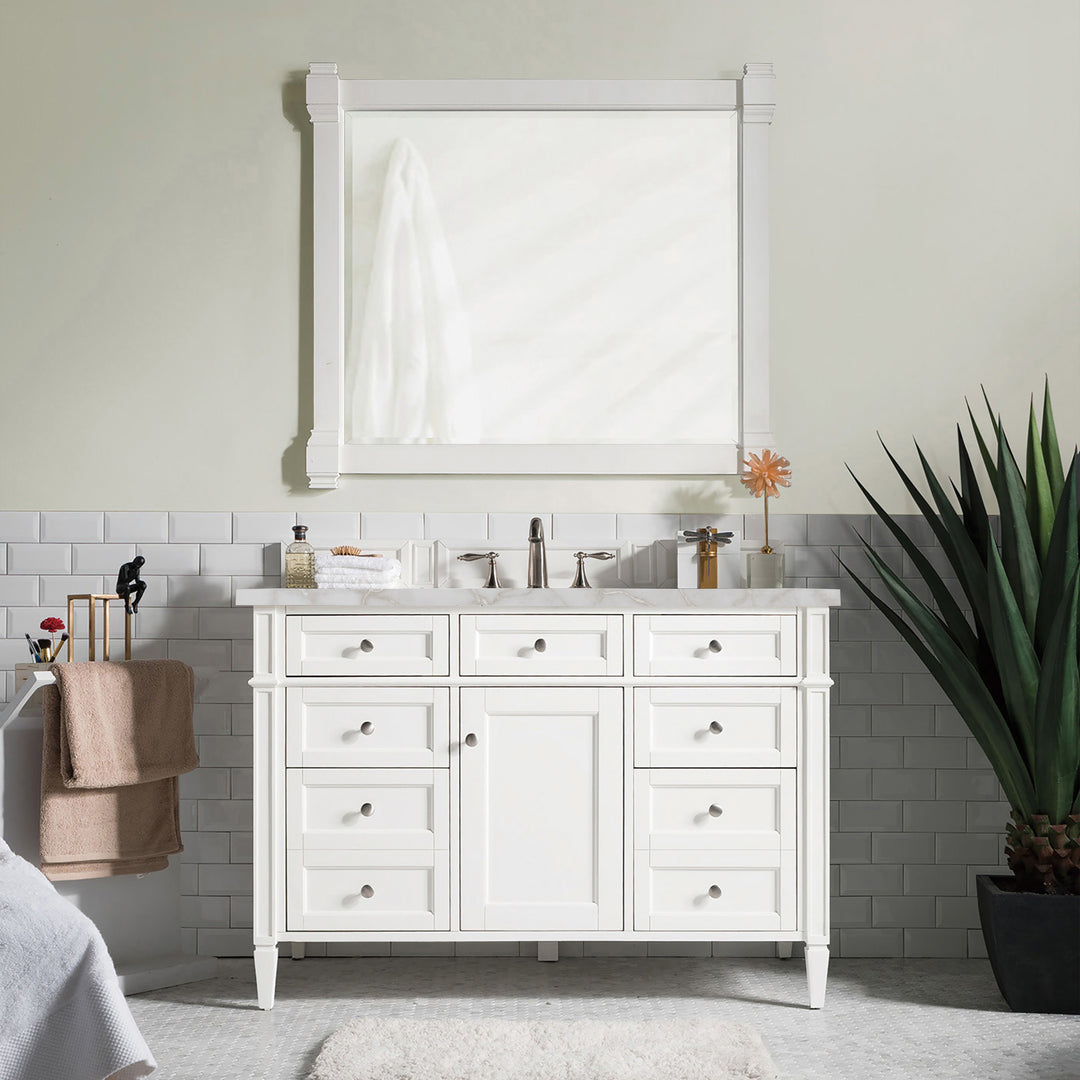 Brittany 48" Single Vanity, Bright White w/ 3 CM Victorian Silver Silestone Top w/FreePower Wireless Charger