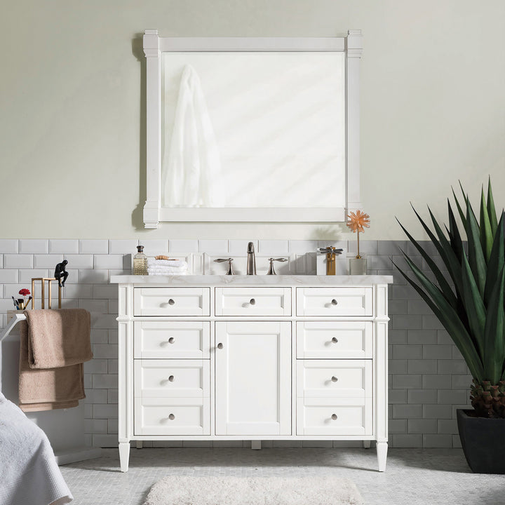 Brittany 48" Single Vanity, Bright White w/ 3 CM Victorian Silver Silestone Top w/FreePower Wireless Charger