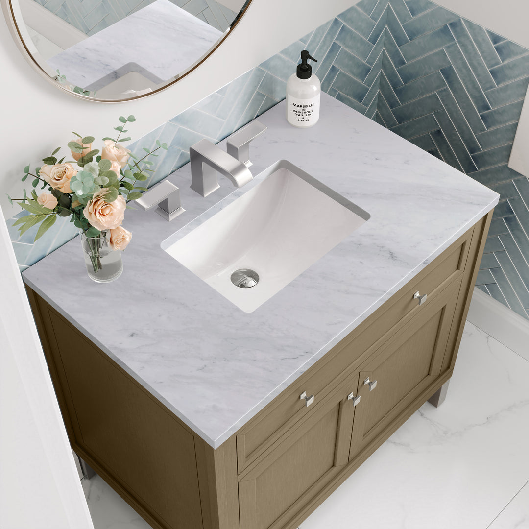 Chicago 36" Single Vanity, Walnut Whisper, w/ 3 CM Carrara Marble Top