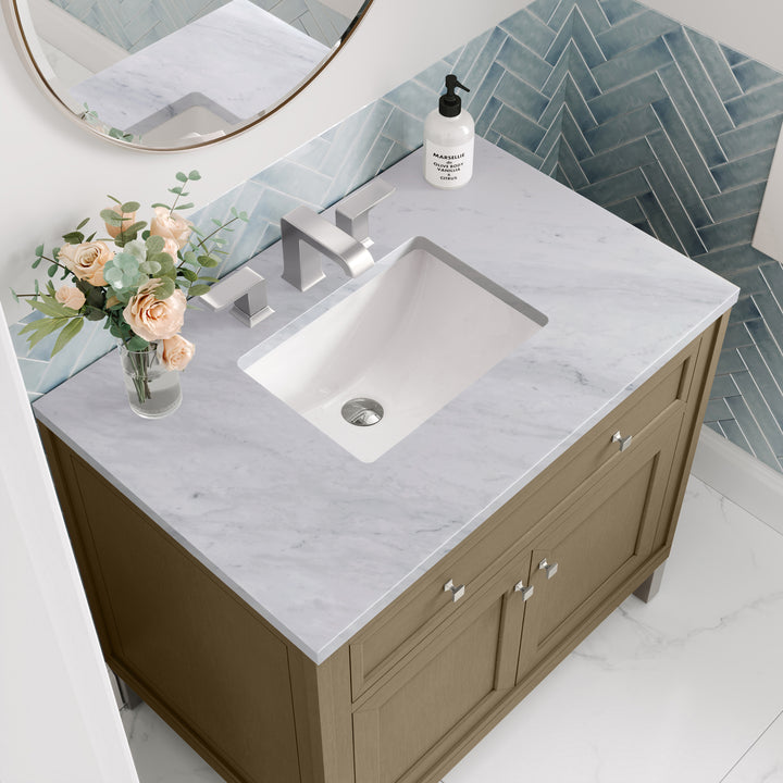 Chicago 36" Single Vanity, Walnut Whisper, w/ 3 CM Carrara Marble Top