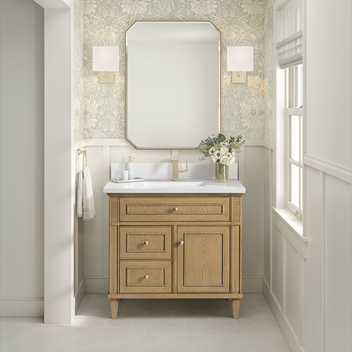 Lorelai 36" Single Vanity, Light Natural Oak w/ Single Hole 3 CM White Zeus Silestone Top & Backsplash