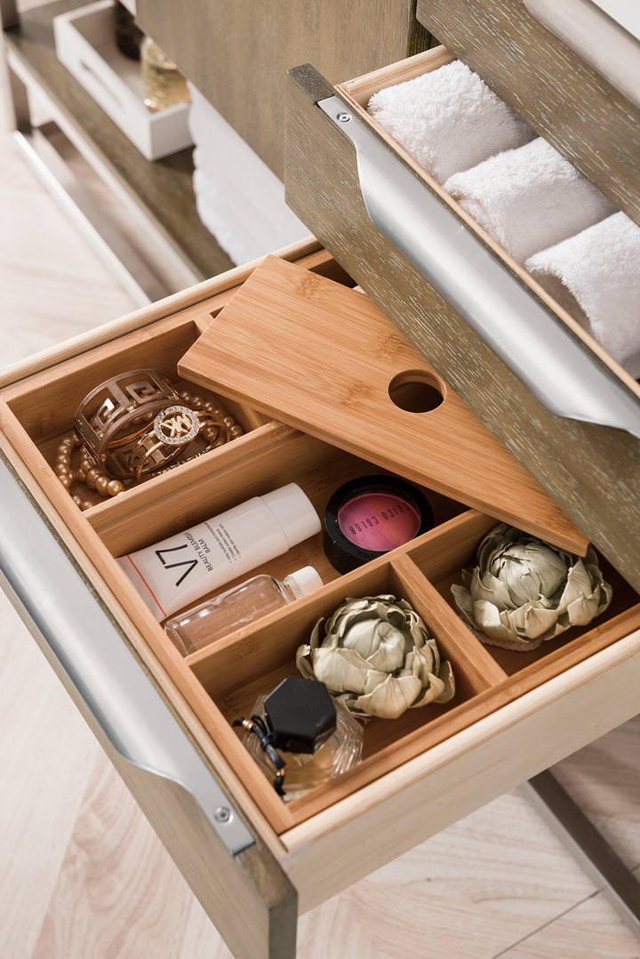 Columbia 48" Single Vanity, Latte Oak, Brushed Nickel w/ Glossy White Composite Stone Top