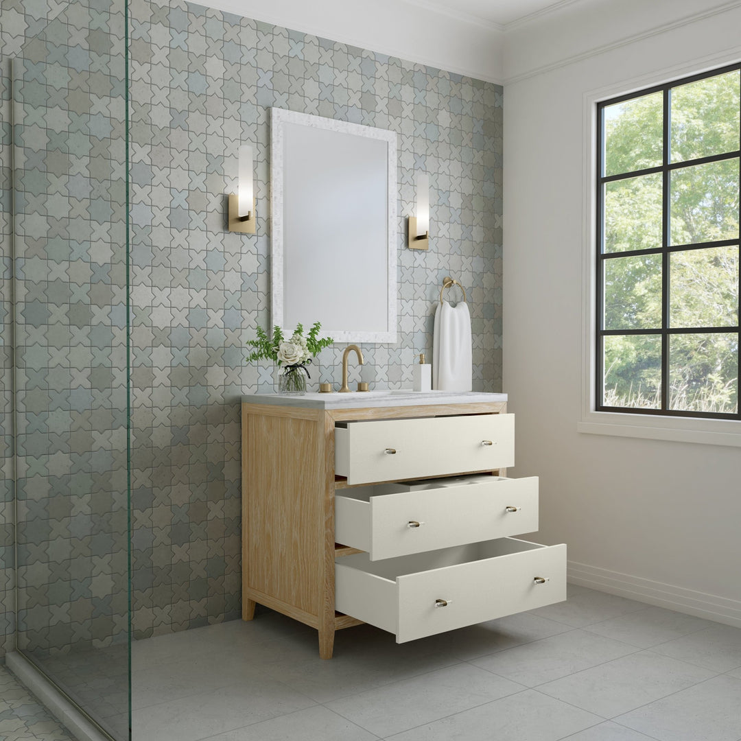 Celeste 36" Single Vanity, Sunwashed Oak with Embossed Shagreen w/ 3 CM Arctic Fall Solid Surface Top