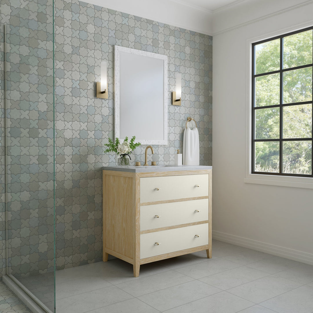 Celeste 36" Single Vanity, Sunwashed Oak with Embossed Shagreen w/ 3 CM Arctic Fall Solid Surface Top