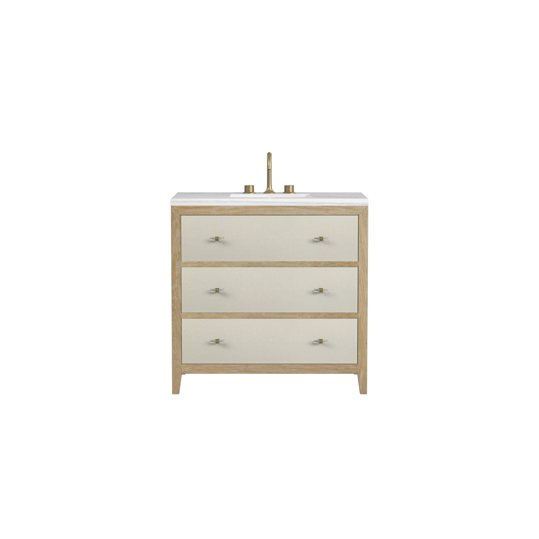 Celeste 36" Single Vanity, Sunwashed Oak with Embossed Shagreen w/ 3 CM Arctic Fall Solid Surface Top