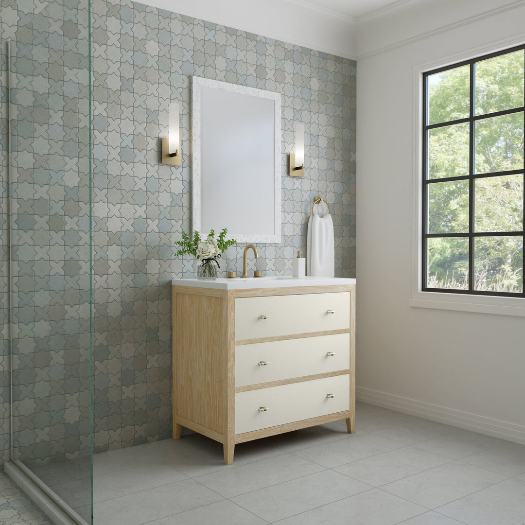 Celeste 36" Single Vanity, Sunwashed Oak with Embossed Shagreen w/ 3 CM White Zeus Silestone Top