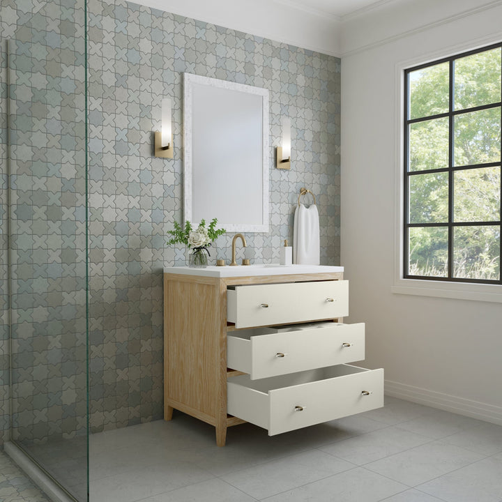 Celeste 36" Single Vanity, Sunwashed Oak with Embossed Shagreen w/ 3 CM White Zeus Silestone Top