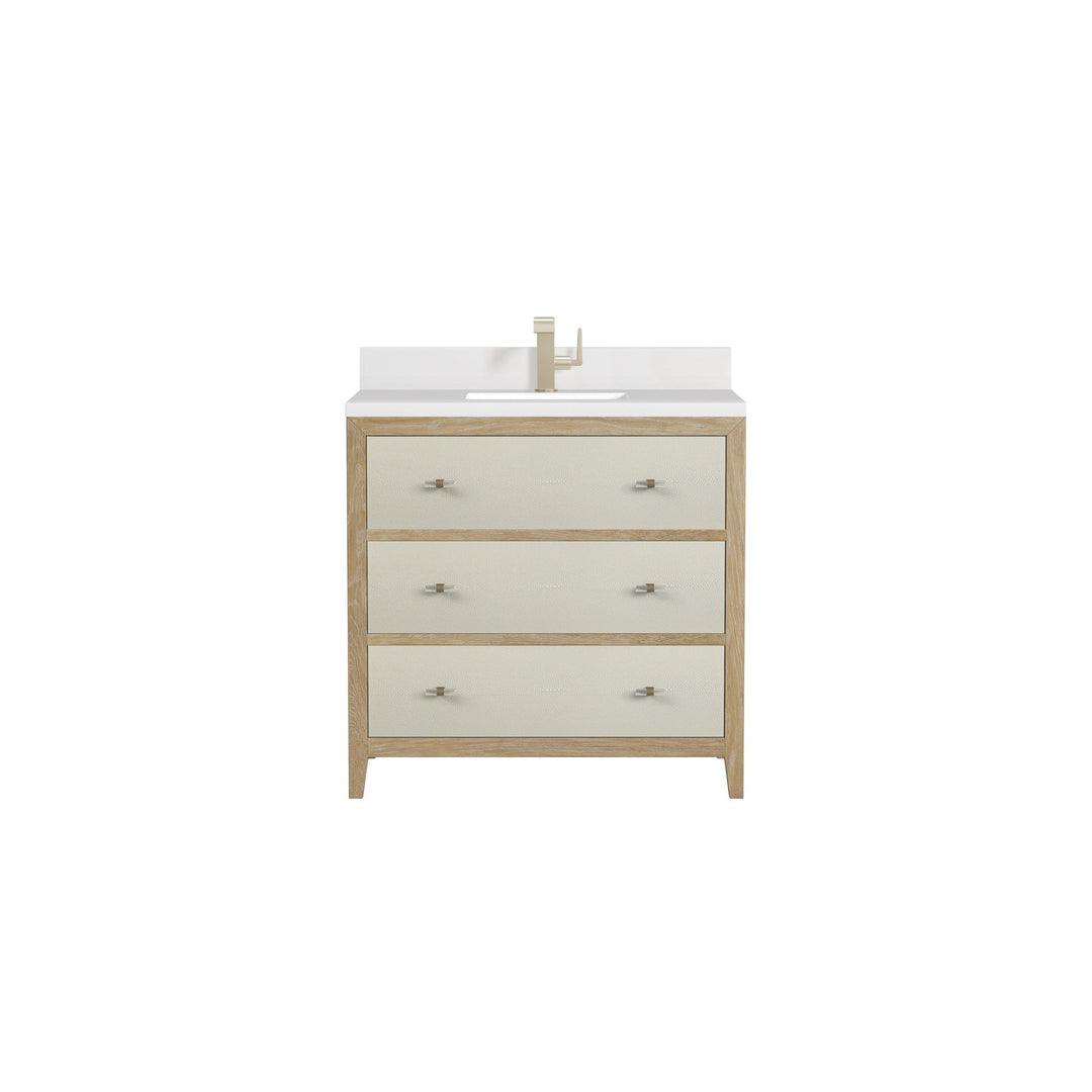 Celeste 36" Single Vanity, Sunwashed Oak with Embossed Shagreen w/ Single Hole 3 CM White Zeus Silestone Top & Backsplash
