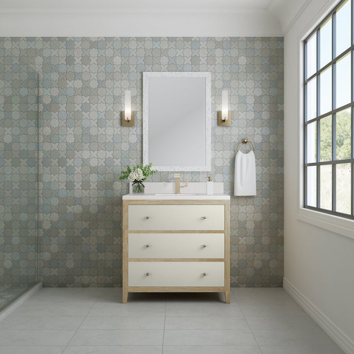 Celeste 36" Single Vanity, Sunwashed Oak with Embossed Shagreen w/ Single Hole 3 CM White Zeus Silestone Top & Backsplash