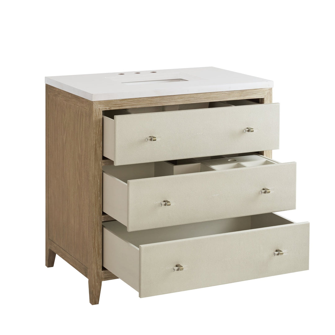 Celeste 36" Single Vanity, Sunwashed Oak with Embossed Shagreen w/ Single Hole 3 CM White Zeus Silestone Top & Backsplash