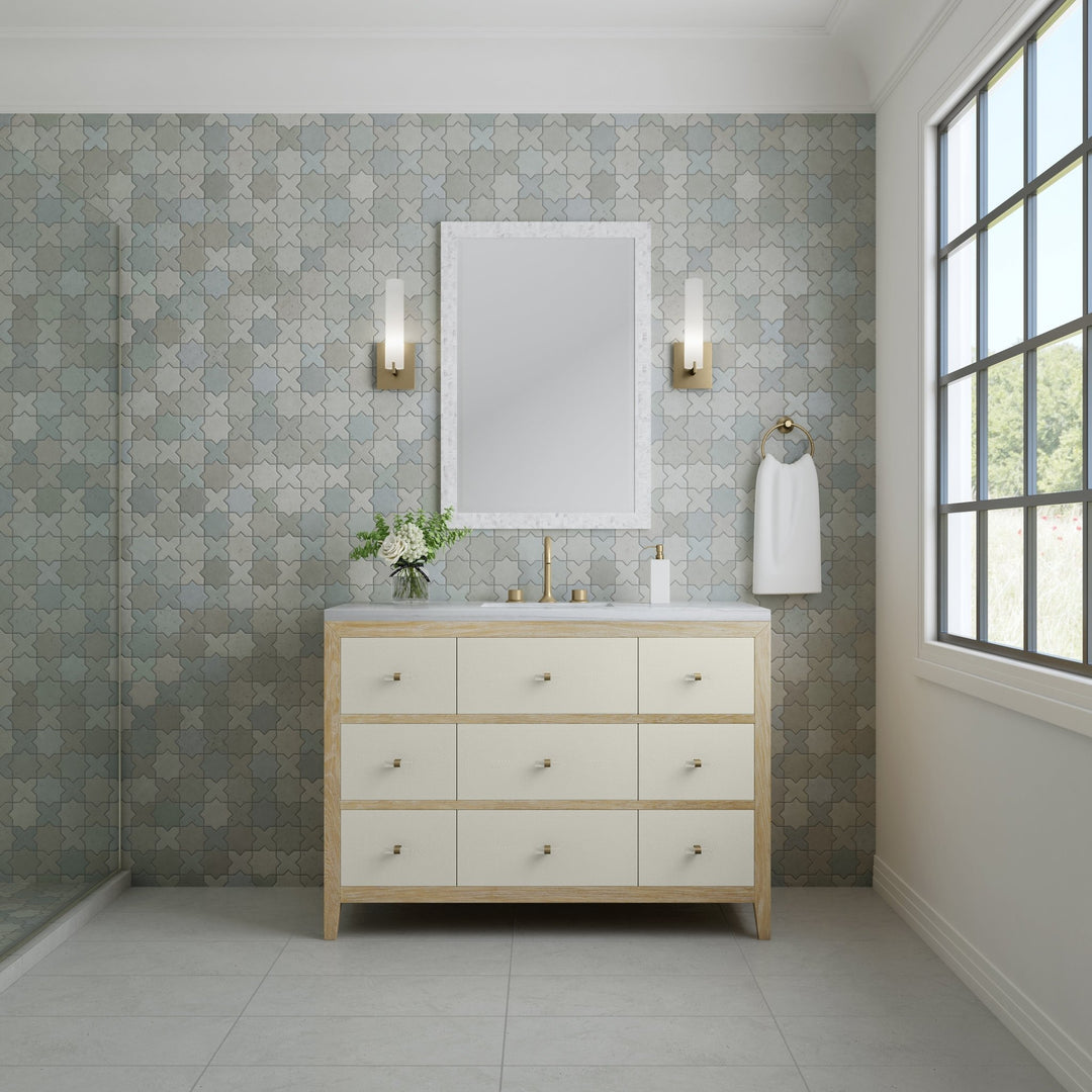 Celeste 48" Single Vanity, Sunwashed Oak with Embossed Shagreen w/ 3 CM Arctic Fall Solid Surface Top