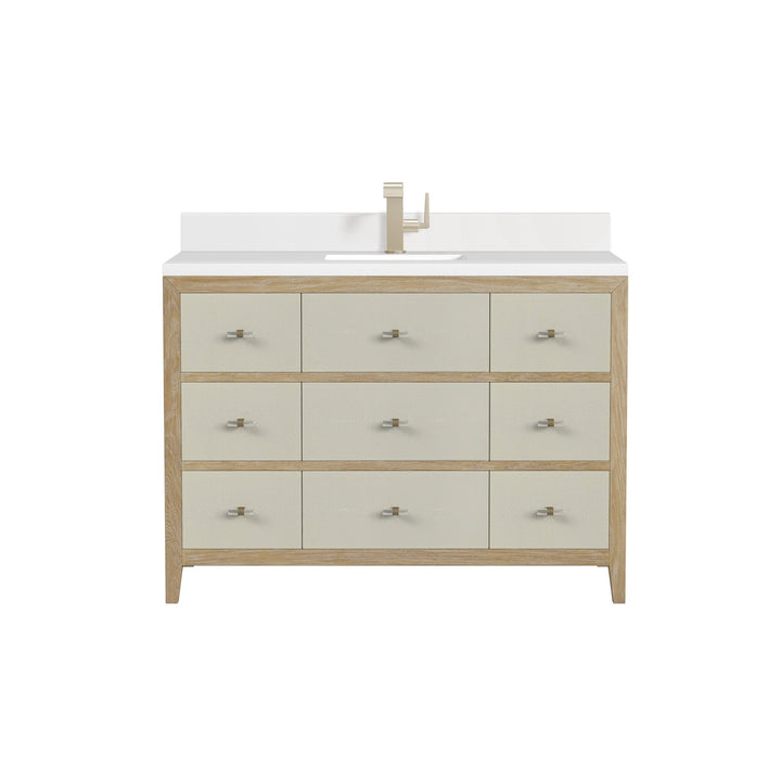 Celeste 48" Single Vanity, Sunwashed Oak with Embossed Shagreen w/ Single Hole 3 CM White Zeus Silestone Top & Backsplash