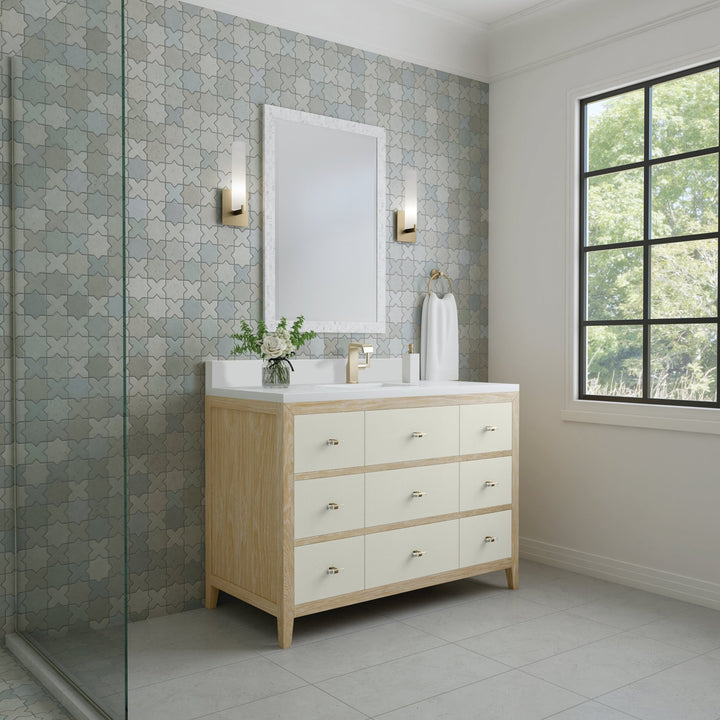 Celeste 48" Single Vanity, Sunwashed Oak with Embossed Shagreen w/ Single Hole 3 CM White Zeus Silestone Top & Backsplash
