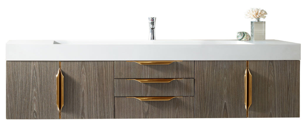 Columbia 72" Single Wall Mount Vanity, Ash Gray, Radiant Gold w/ Glossy White Composite Stone Top
