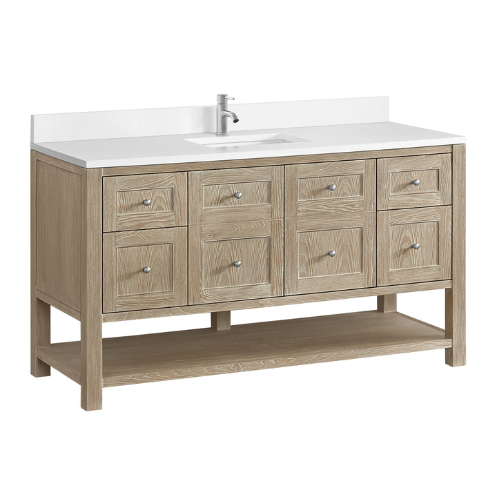 Breckenridge 60" Single Vanity, Whitewashed Oak, w/ Single Hole 3 CM White Zeus Quartz Top & Backsplash