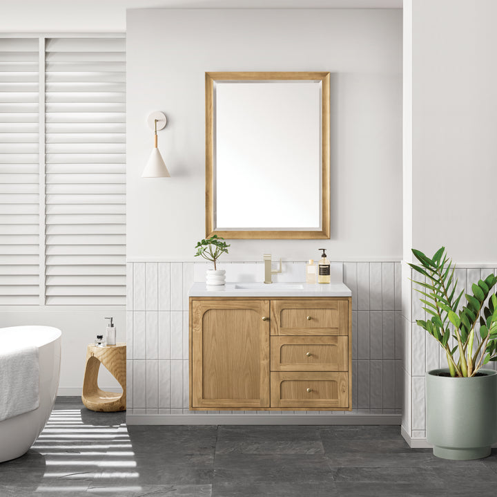 Laurent 36" Single Vanity, Light Natural Oak w/ Single Hole 3 CM White Zeus Top & Backsplash