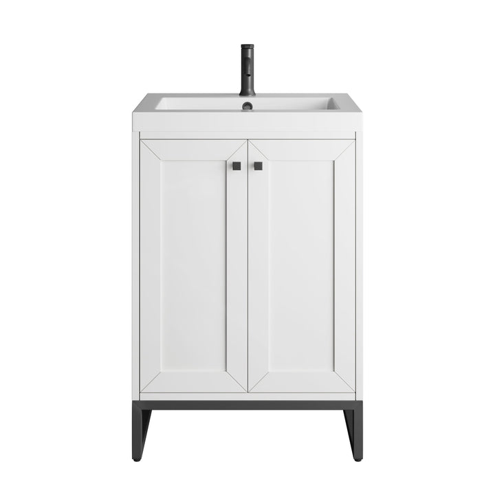 Chianti 24" Single Vanity, Glossy White, Matte Black, w/ White Glossy Composite Stone Top