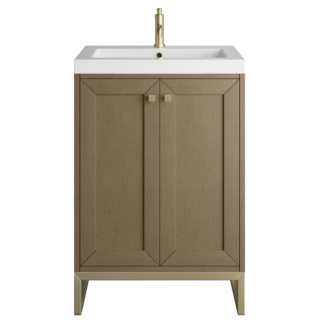 Chianti 24" Single Vanity, Walnut Whisper, Champagne Brass, w/ White Glossy Composite Stone Top