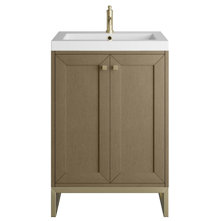 Chianti 24" Single Vanity, Walnut Whisper, Champagne Brass, w/ White Glossy Composite Stone Top