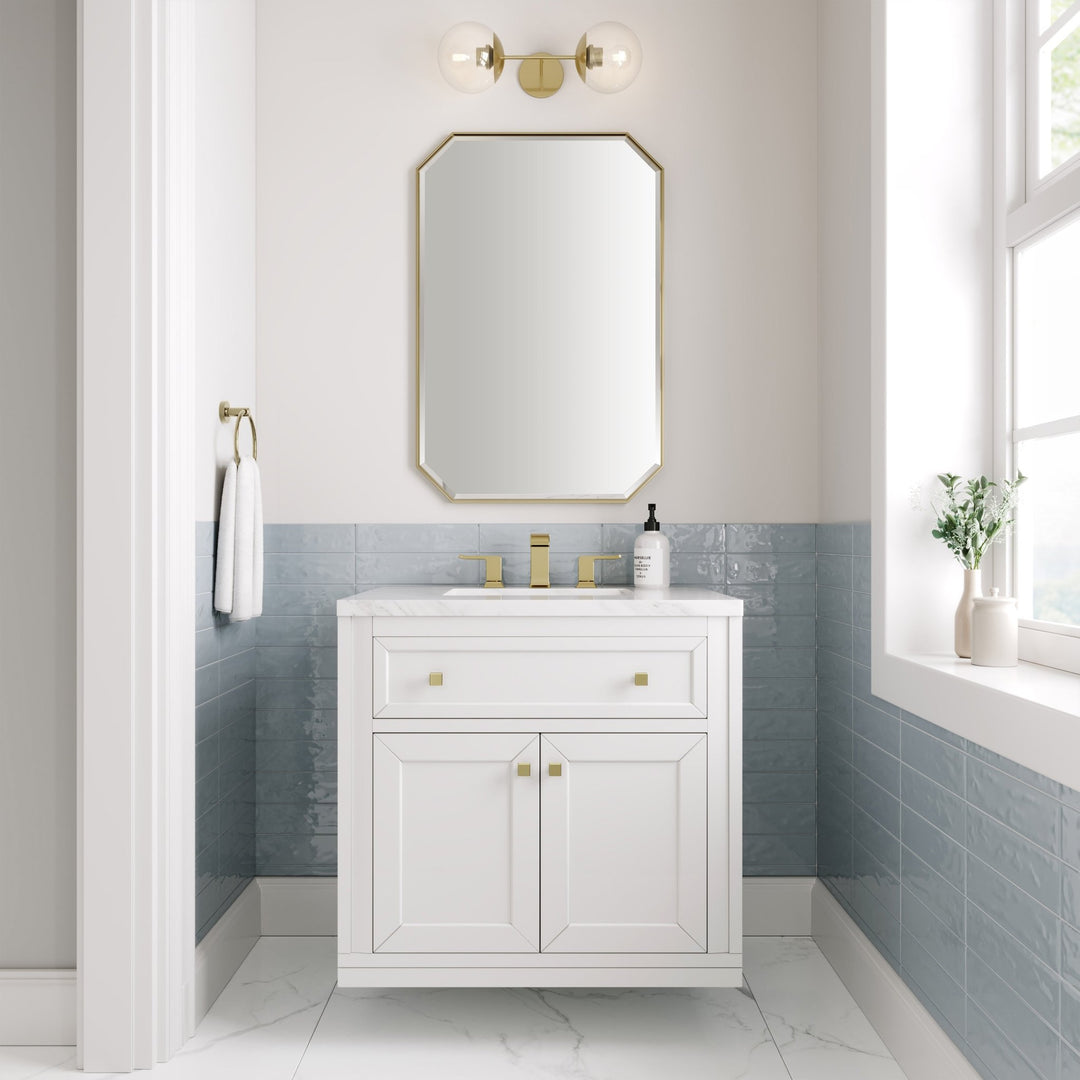 Chicago 30" Single Vanity, Glossy White, w/ 3 CM Arctic Fall Solid Surface Top